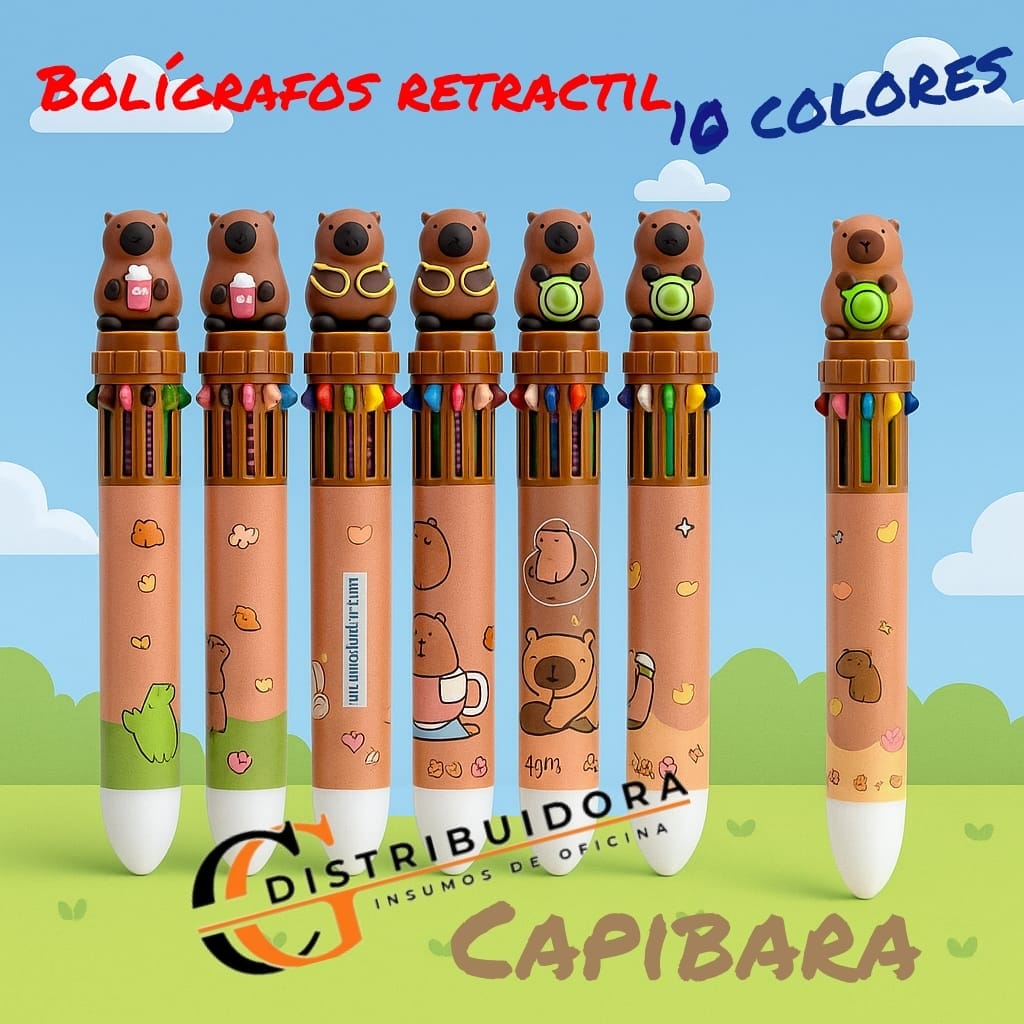 BOLIGRAFOS RETRACTIL X 10 COLORES CAPIBARA